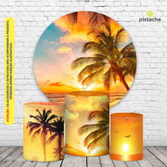 Kit Painel Redondo 3 Capas Cilindro Praia Verão Tropical em Tecido